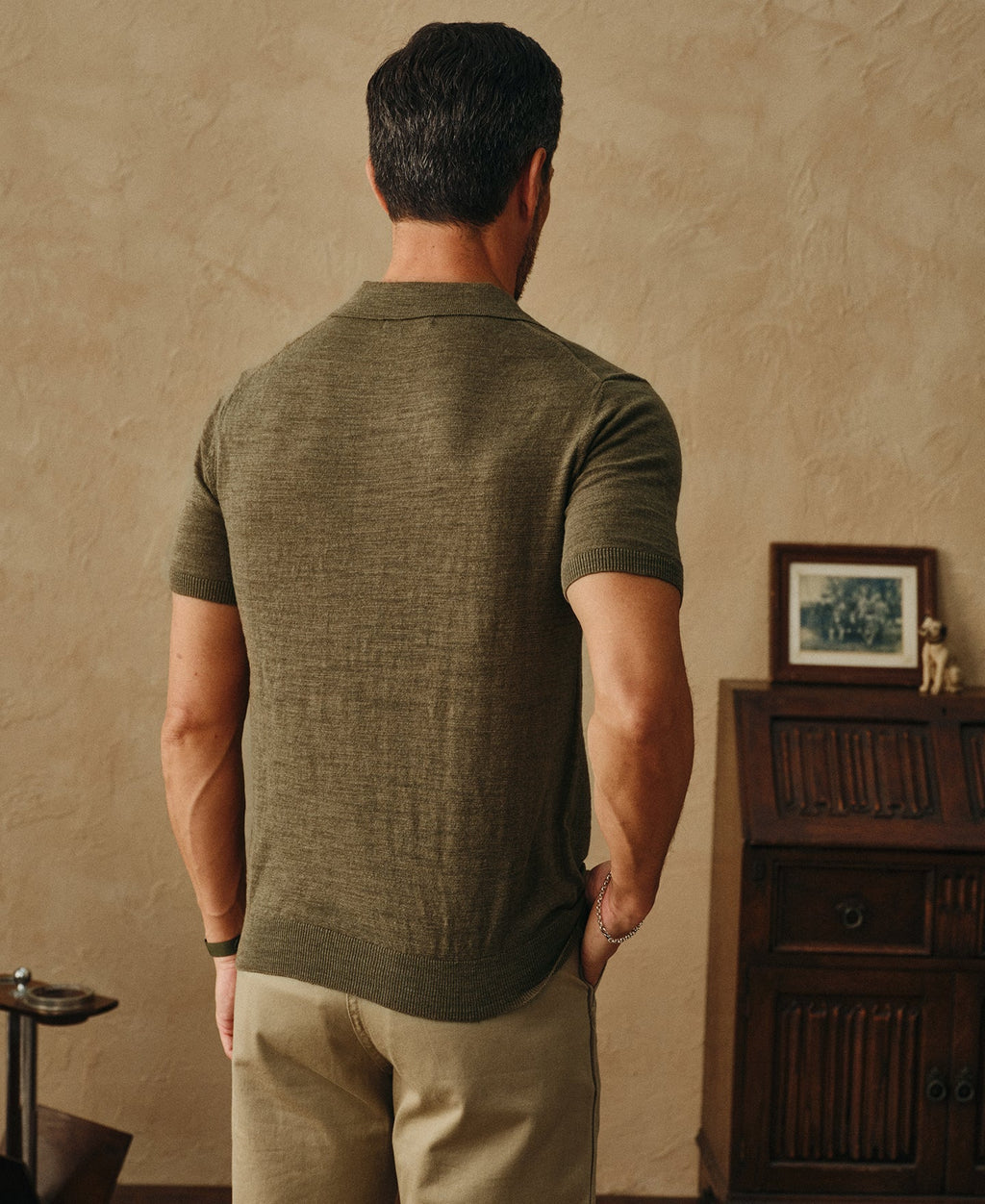 Lightweight Slub Cotton Knit Polo Olive Earthy Textured Weave