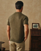 Lightweight Slub Cotton Knit Polo Olive Earthy Textured Weave