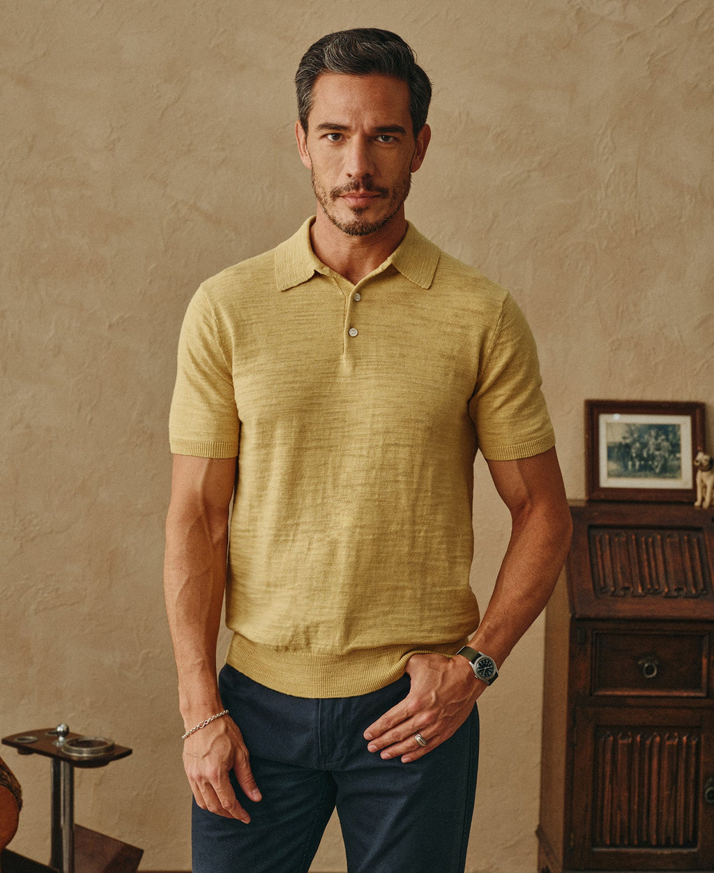 Lightweight Slub Cotton Knit Polo Mustard Textured Short Sleeve