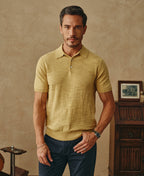Lightweight Slub Cotton Knit Polo Mustard Textured Short Sleeve