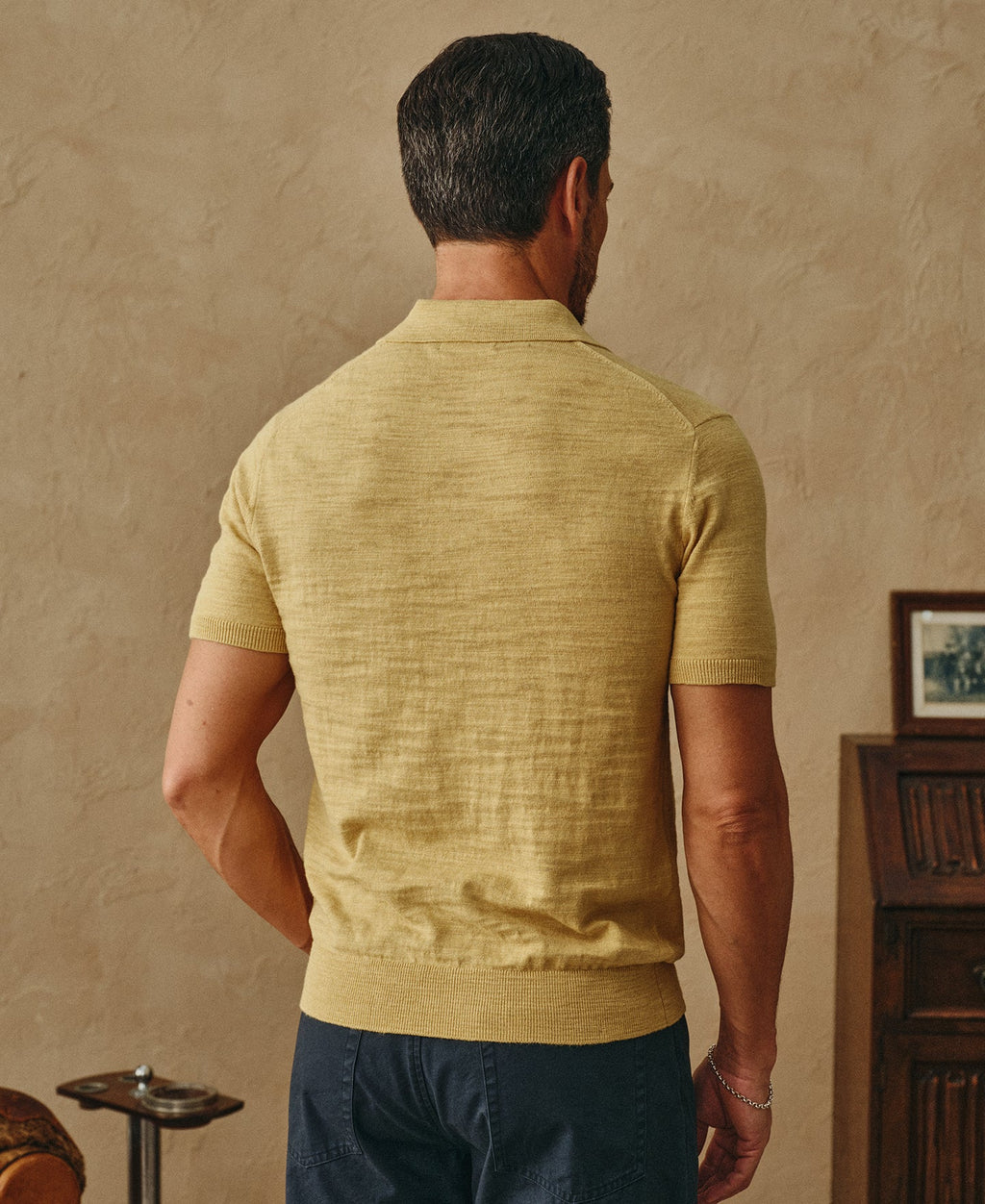 Lightweight Slub Cotton Knit Polo Mustard Textured Short Sleeve