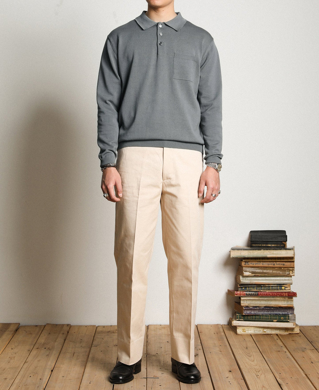 Long Sleeve Knitted Polo Shirt Gray Vintage Textured