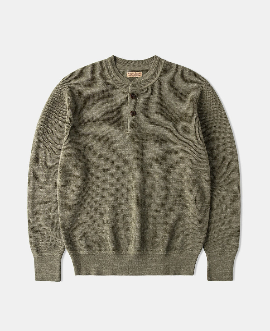 Textured Melange Knit Henley Shirt Olive Long Sleeve