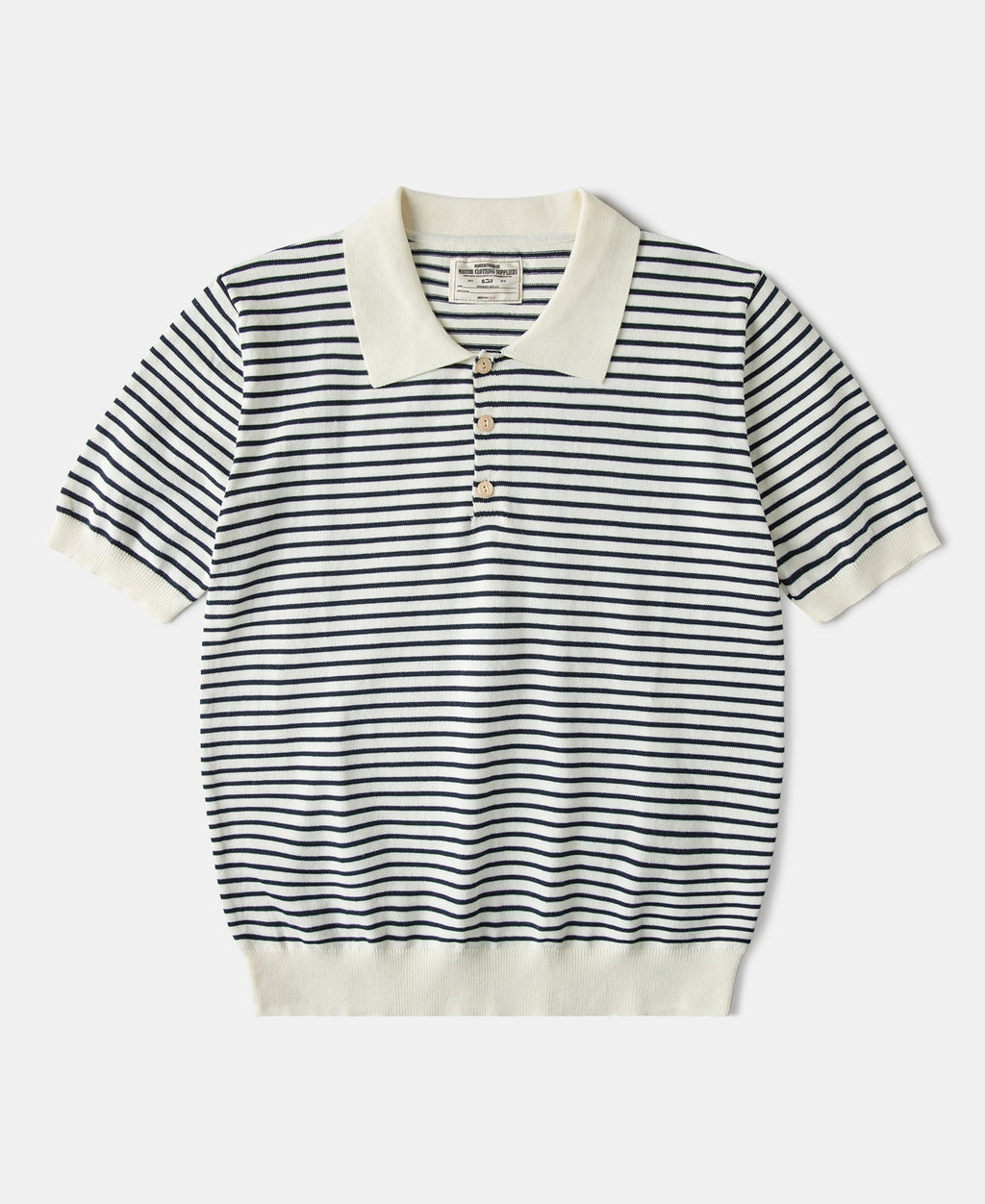 Fine Stripe Cotton Knit Polo White Black Classic Collar