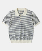 Fine Stripe Cotton Knit Polo White Black Classic Collar
