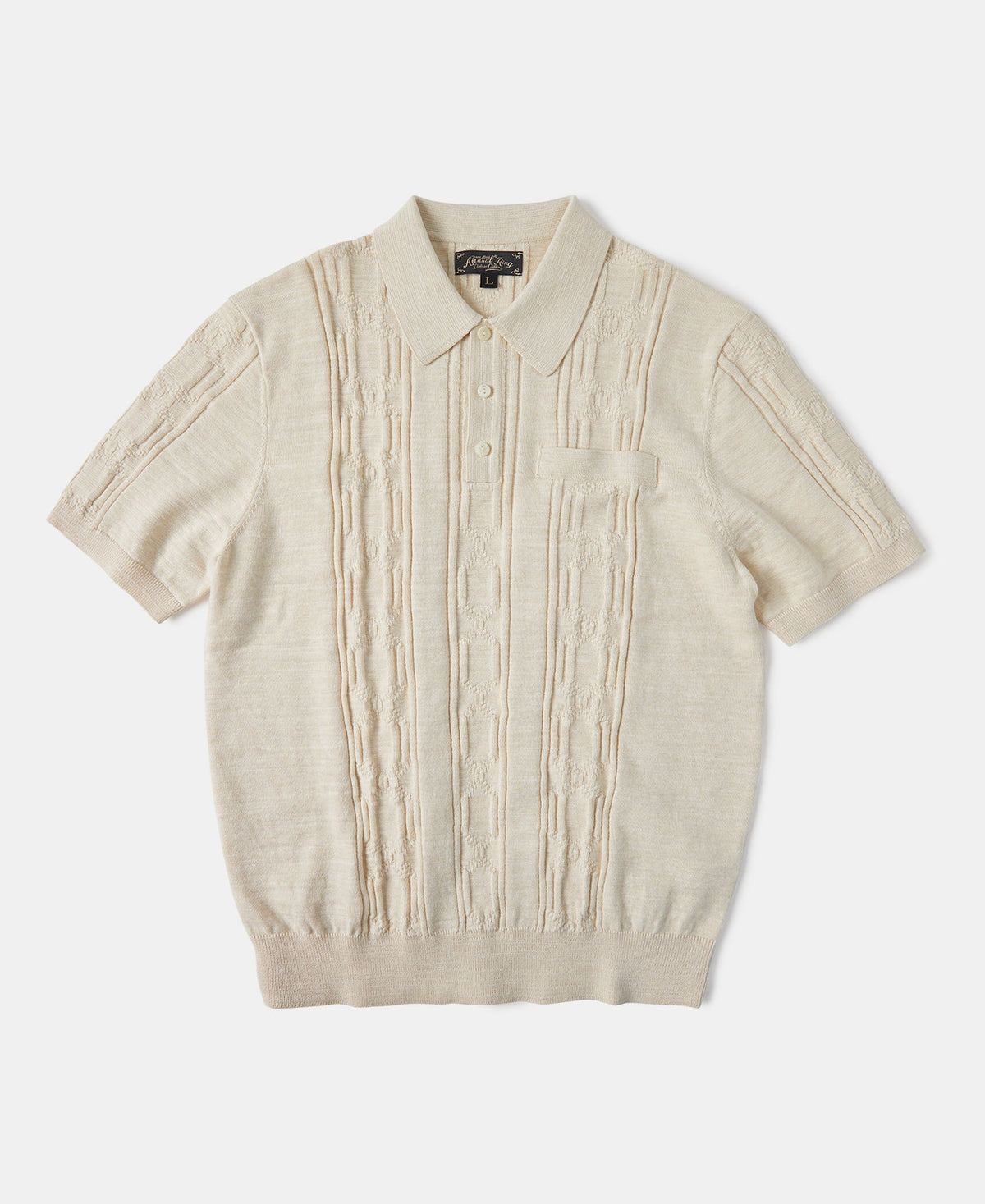 1960s Jacquard Slub Cotton Polo Shirt Cream Short Sleeve
