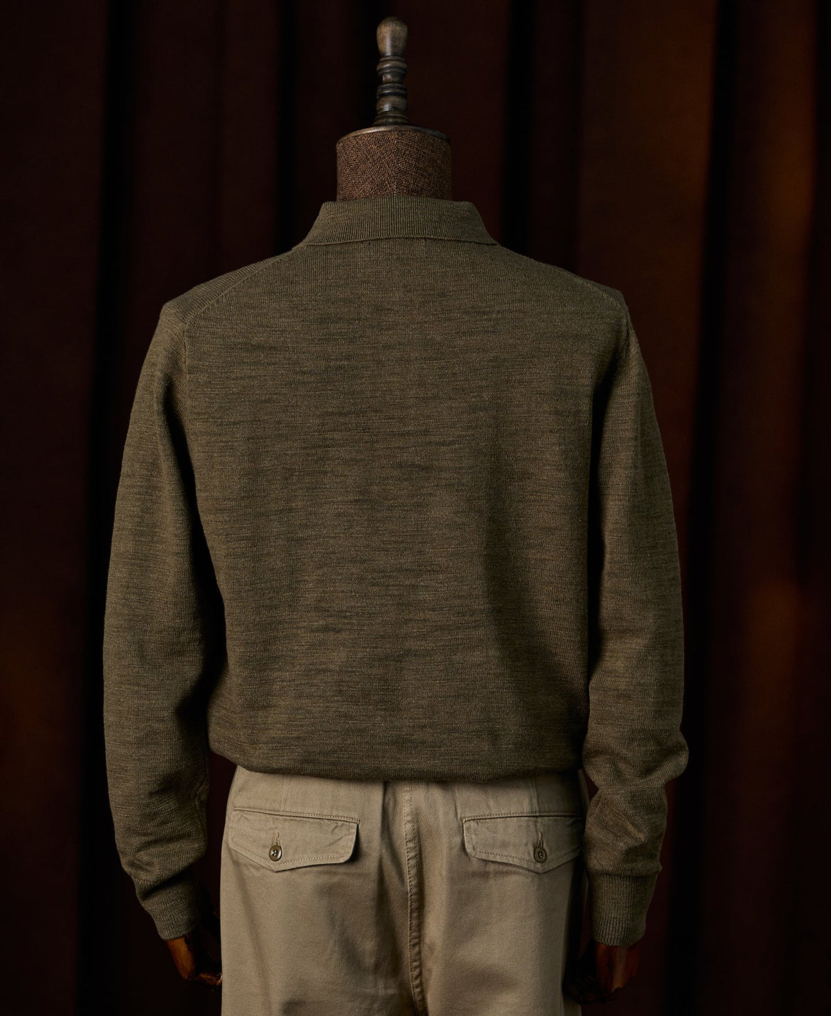 Slub Cotton Long Sleeve Knit Polo Olive Earthy Textured Collar