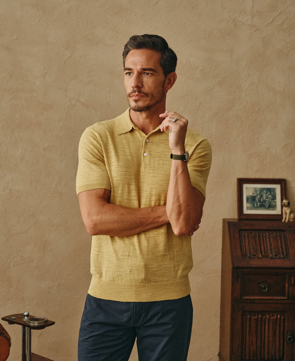 Lightweight Slub Cotton Knit Polo Mustard Textured Short Sleeve