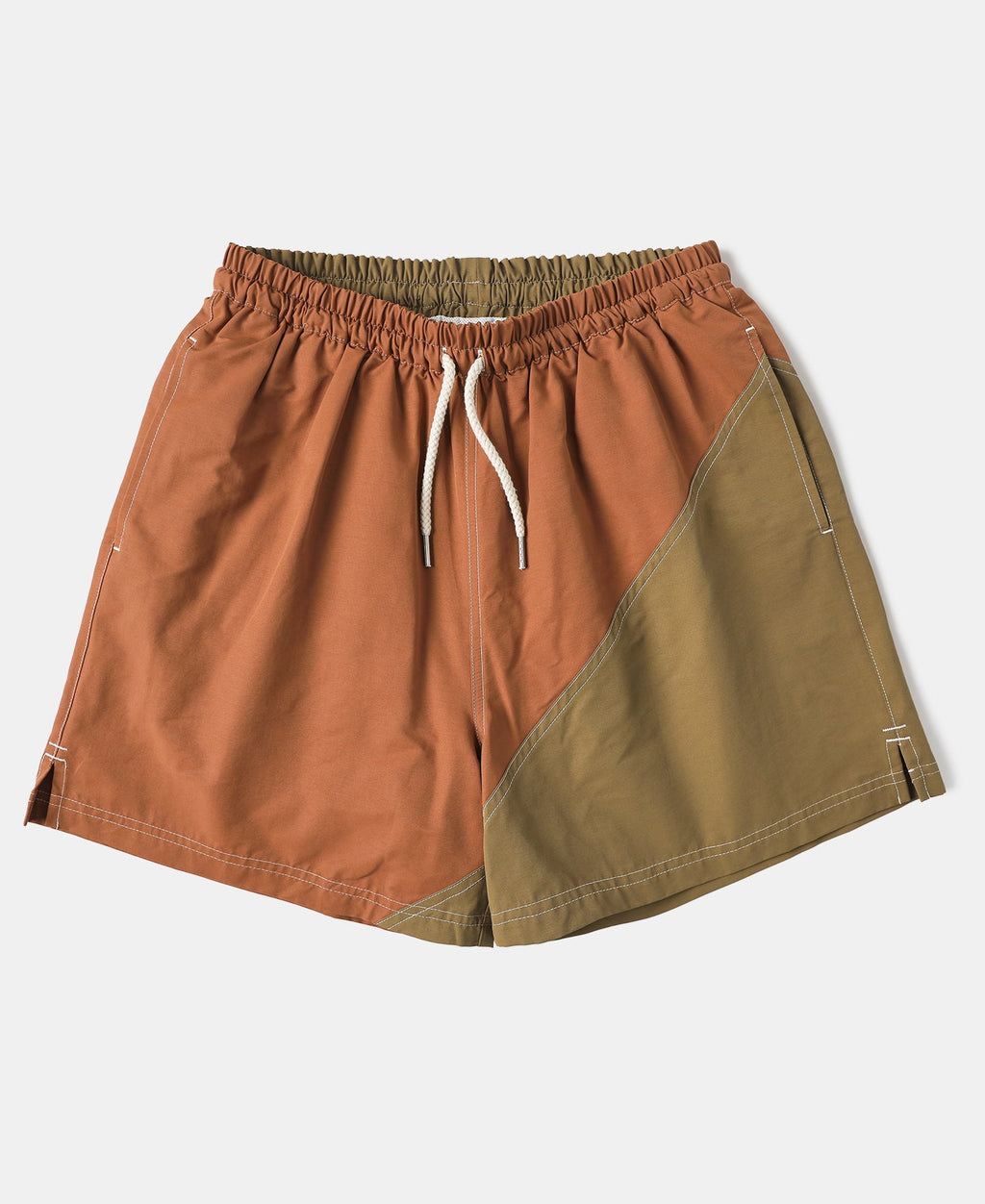 Two-Tone Beach Swim Trunks Brown Dark Yellow Earthy Colorblock