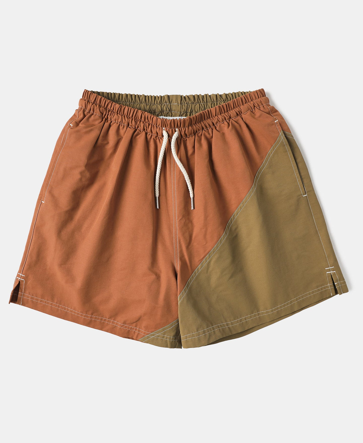 Two-Tone Beach Swim Trunks Brown Dark Yellow Earthy Colorblock