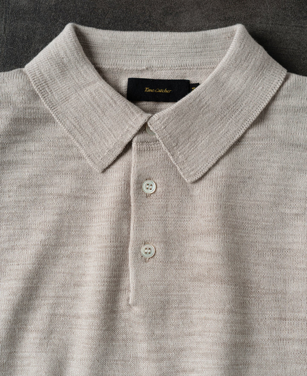 Slub Cotton Long Sleeve Knit Polo Oatmeal Neutral Soft Texture