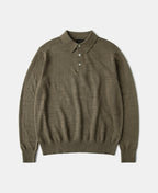 Slub Cotton Long Sleeve Knit Polo Olive Earthy Textured Collar