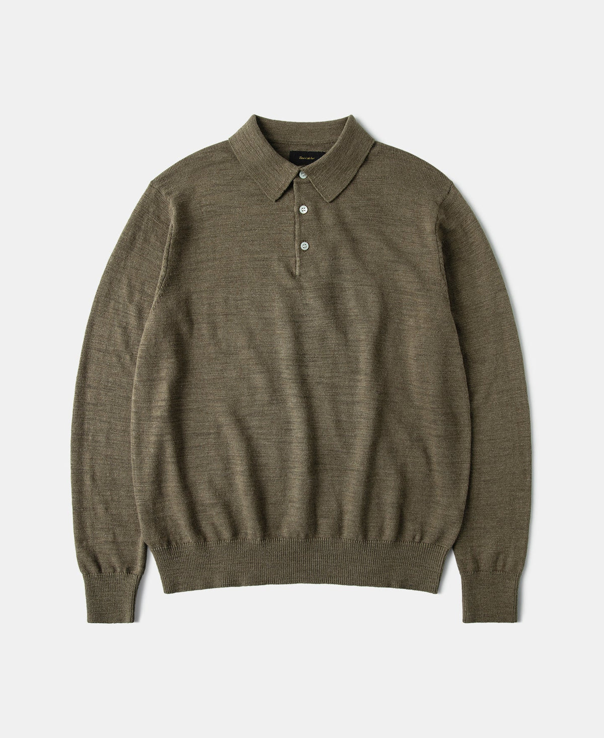 Slub Cotton Long Sleeve Knit Polo Olive Earthy Textured Collar
