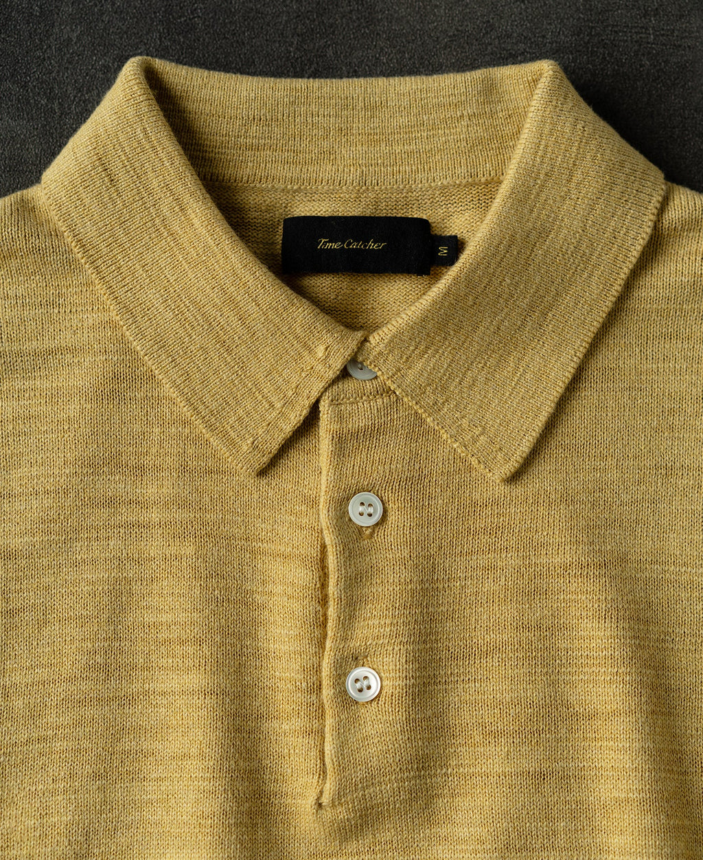 Slub Cotton Long Sleeve Knit Polo Mustard Textured Warm Tone