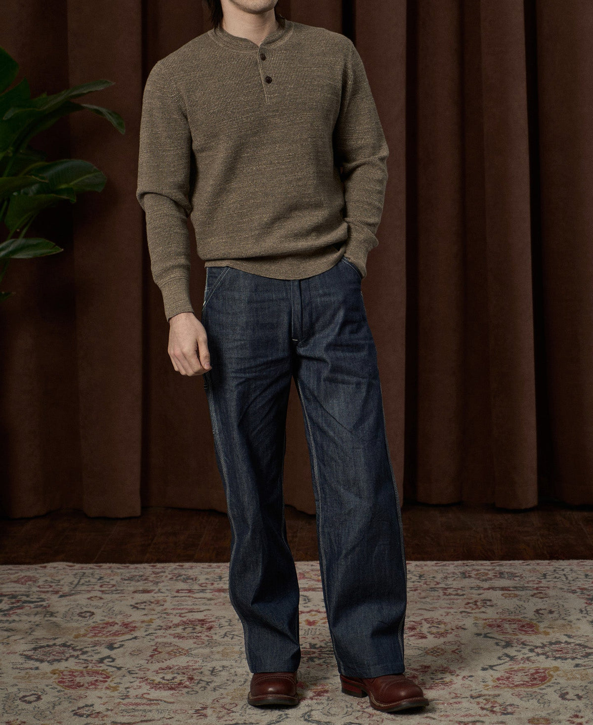 Textured Melange Knit Henley Shirt Taupe Long Sleeve