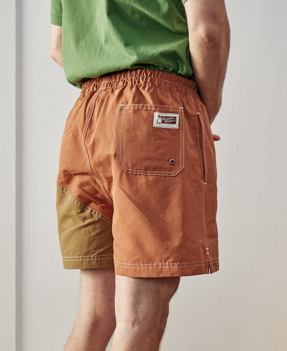 Two-Tone Beach Swim Trunks Brown Dark Yellow Earthy Colorblock