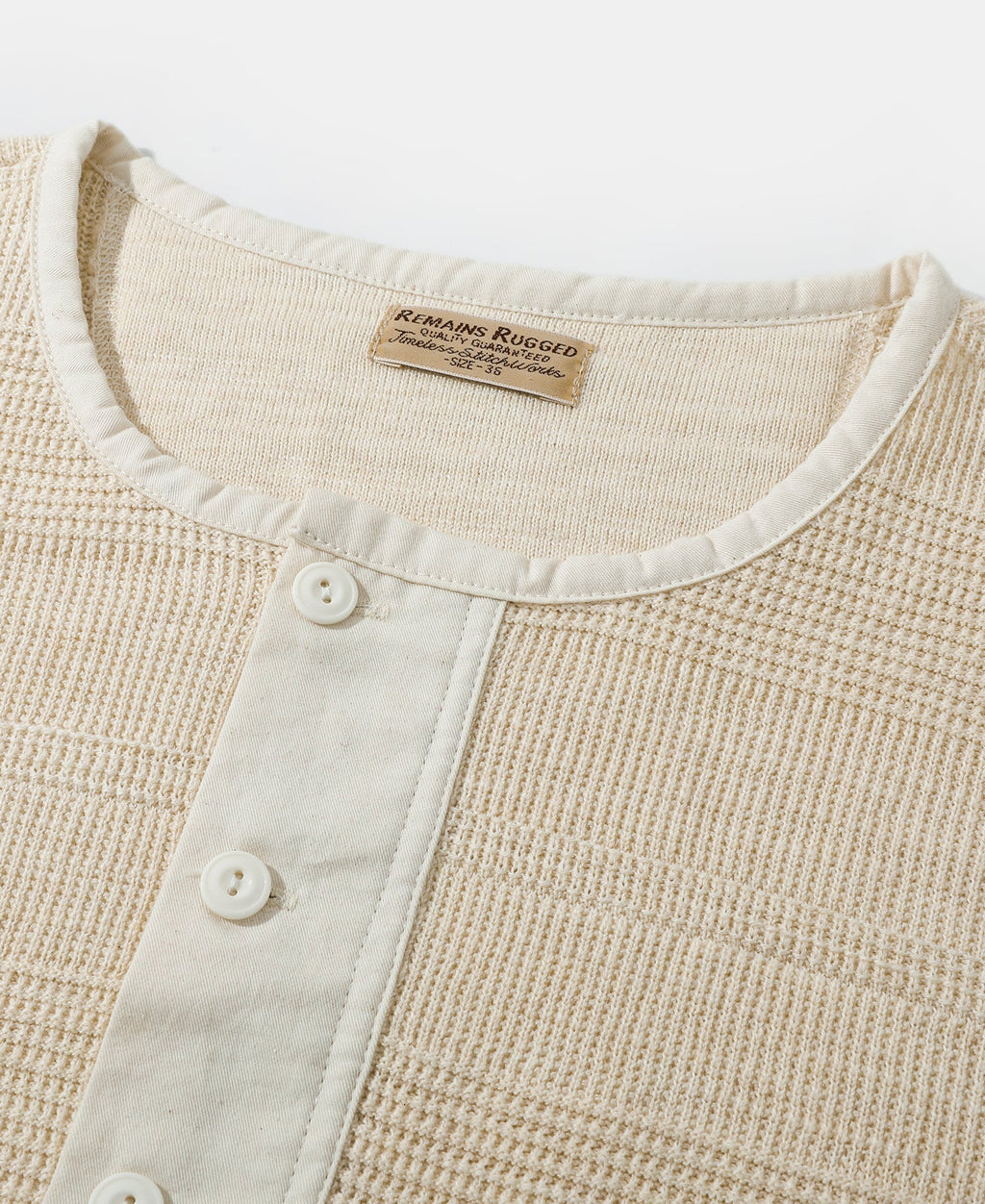 Waffle Knit Jacquard Henley Shirt Apricot Long Sleeve