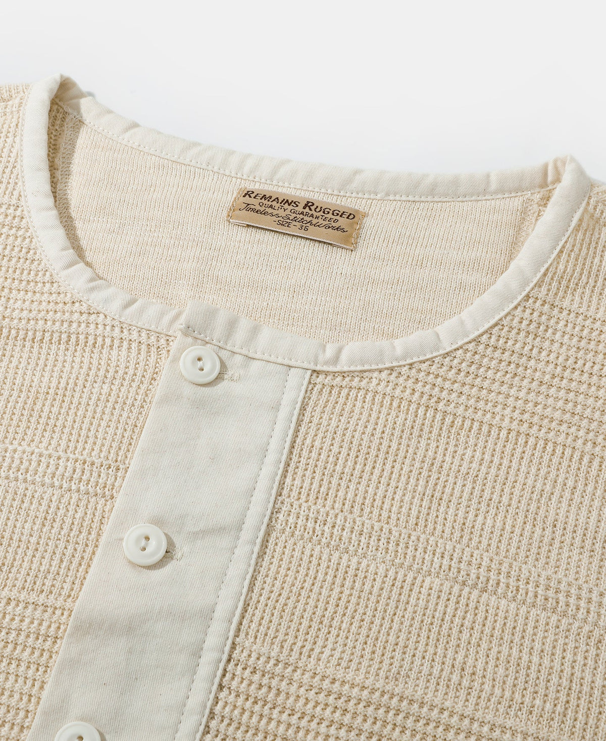 Waffle Knit Jacquard Henley Shirt Apricot Long Sleeve