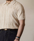 1960s Jacquard Slub Cotton Polo Shirt Cream Short Sleeve
