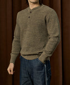 Textured Melange Knit Henley Shirt Olive Long Sleeve