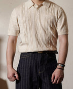 1960s Jacquard Slub Cotton Polo Shirt Cream Short Sleeve