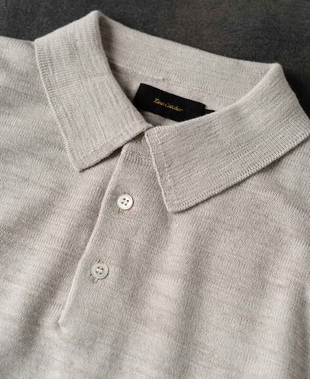 Slub Cotton Long Sleeve Knit Polo Oatmeal Neutral Soft Texture