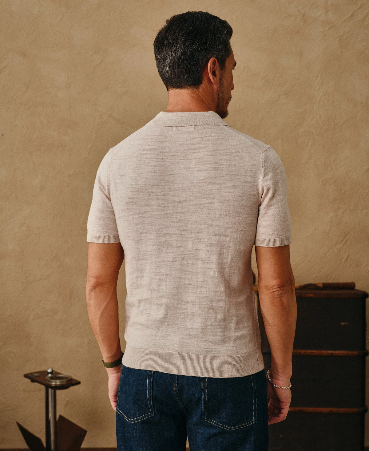 Lightweight Slub Cotton Knit Polo Oatmeal Breathable Casual