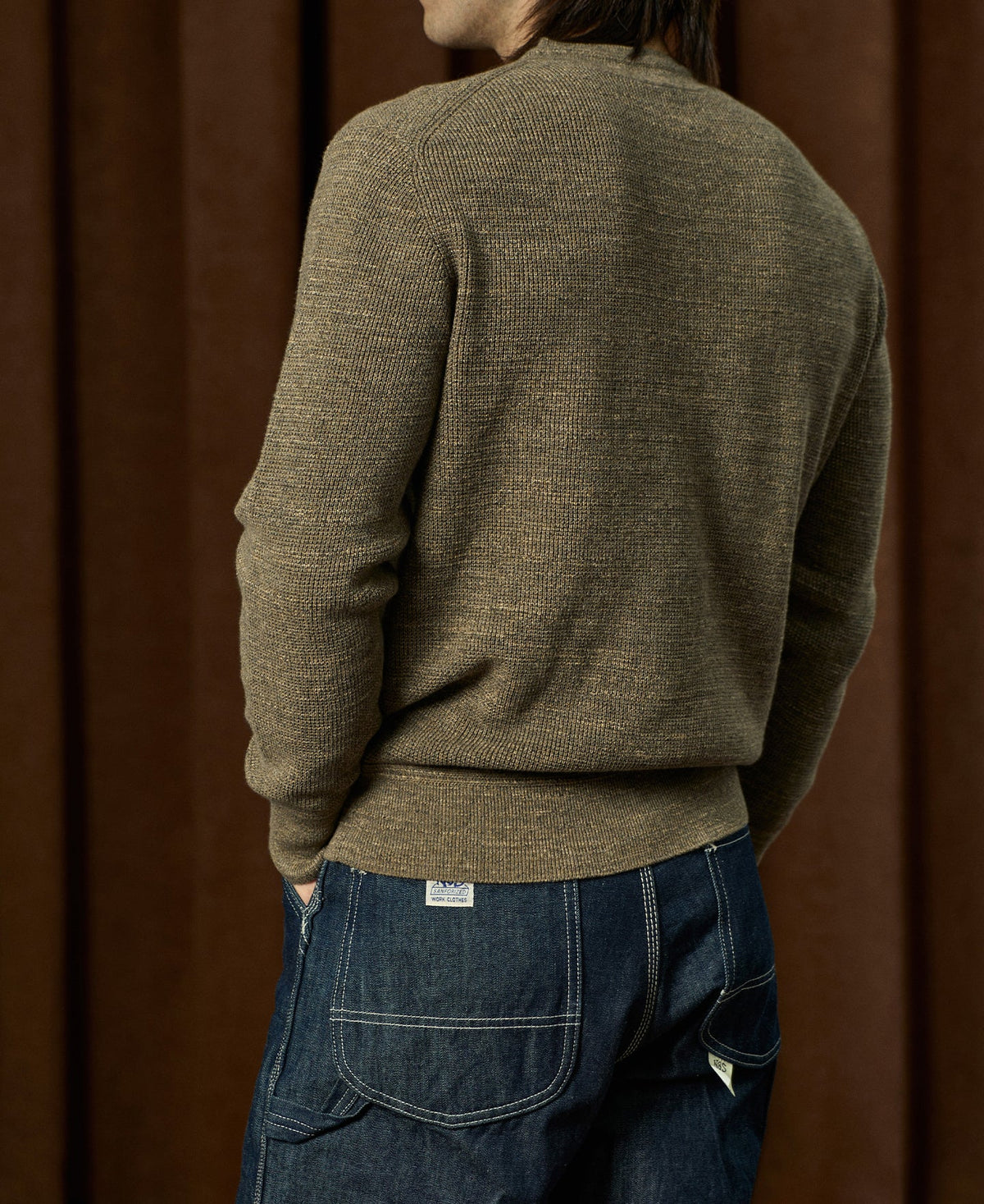 Textured Melange Knit Henley Shirt Olive Long Sleeve