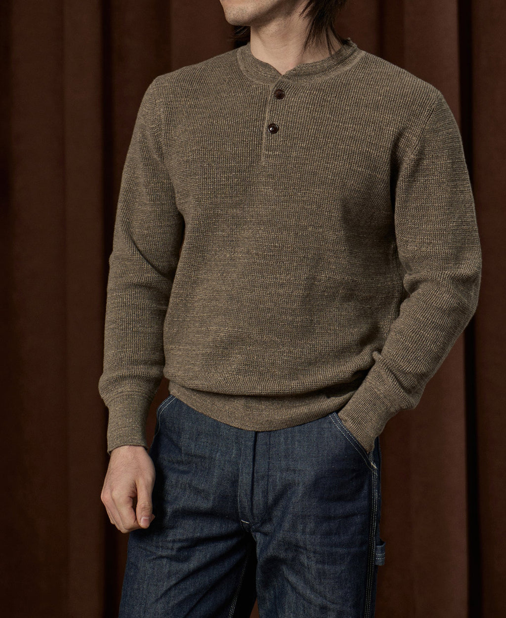 Textured Melange Knit Henley Shirt Taupe Long Sleeve