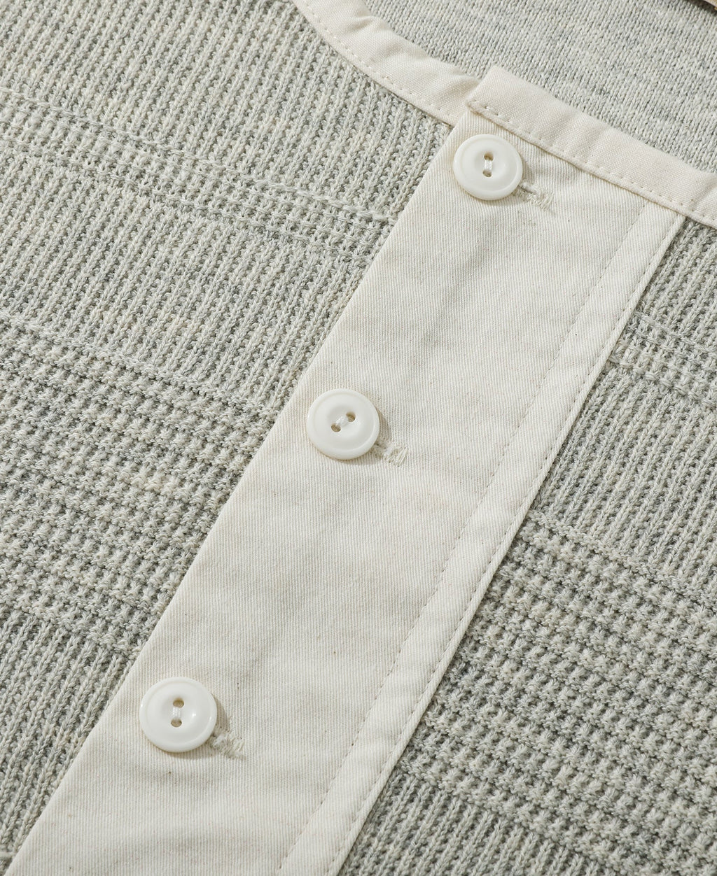 Waffle Knit Jacquard Henley Shirt Gray Long Sleeve