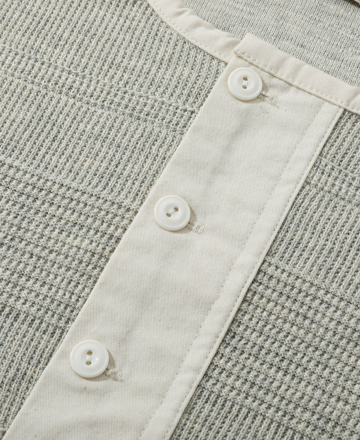 Waffle Knit Jacquard Henley Shirt Gray Long Sleeve