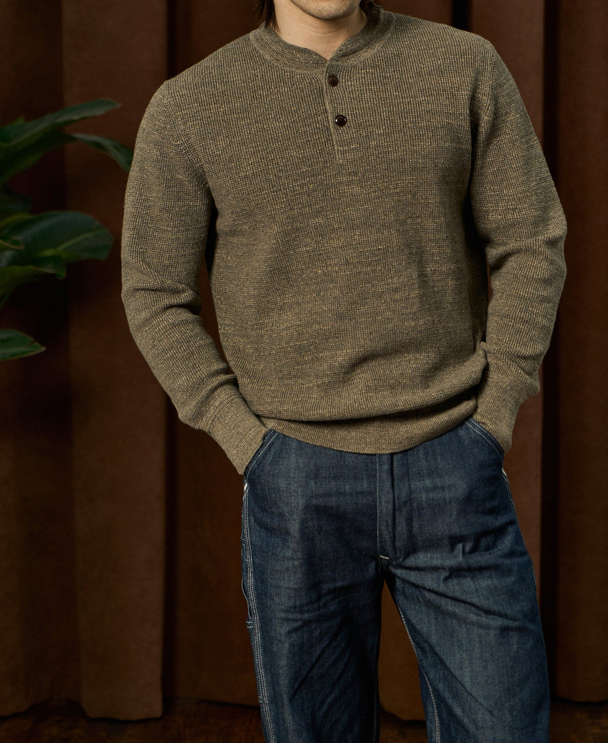 Textured Melange Knit Henley Shirt Olive Long Sleeve