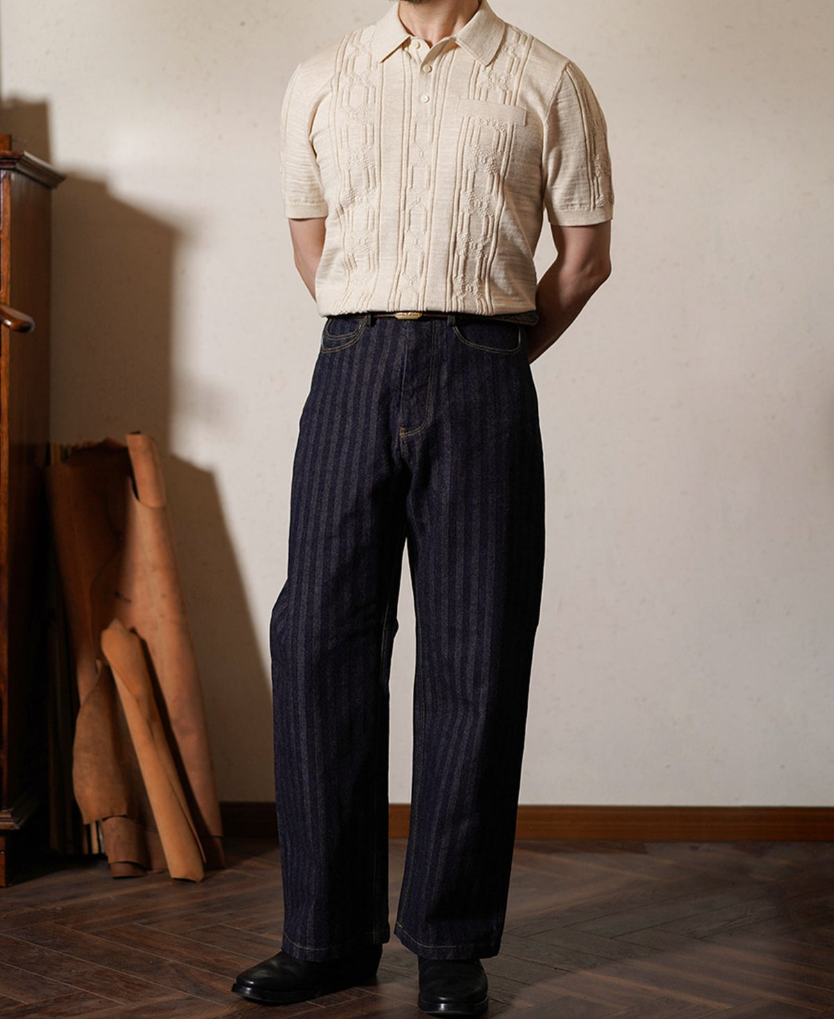 1960s Jacquard Slub Cotton Polo Shirt Cream Short Sleeve