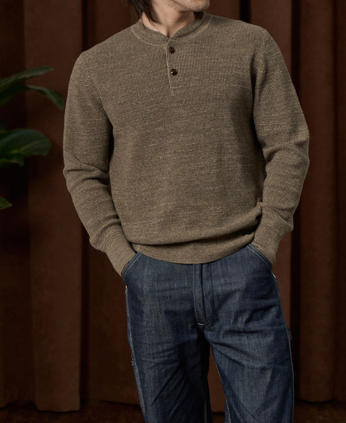 Textured Melange Knit Henley Shirt Taupe Long Sleeve