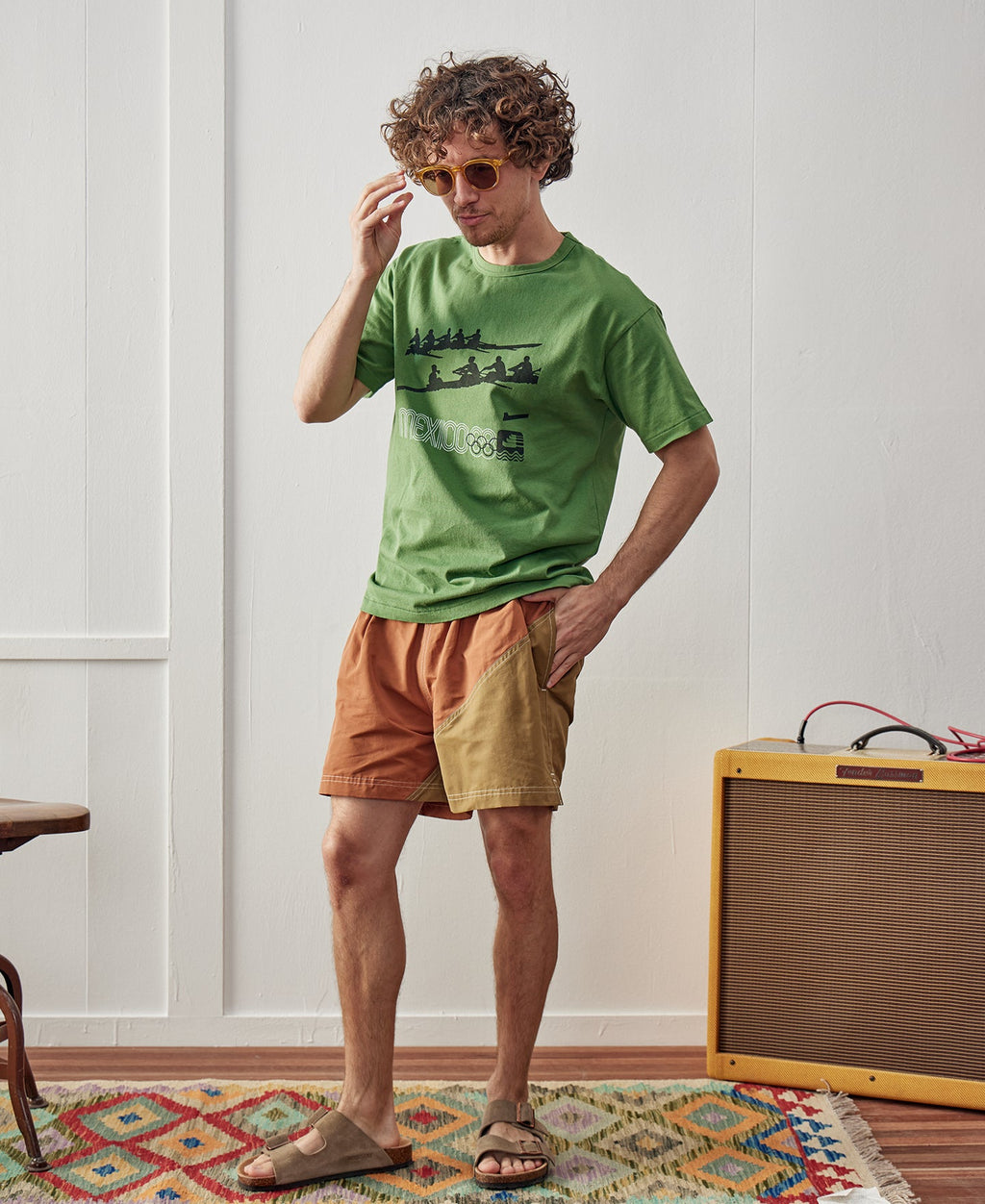 Two-Tone Beach Swim Trunks Brown Dark Yellow Earthy Colorblock