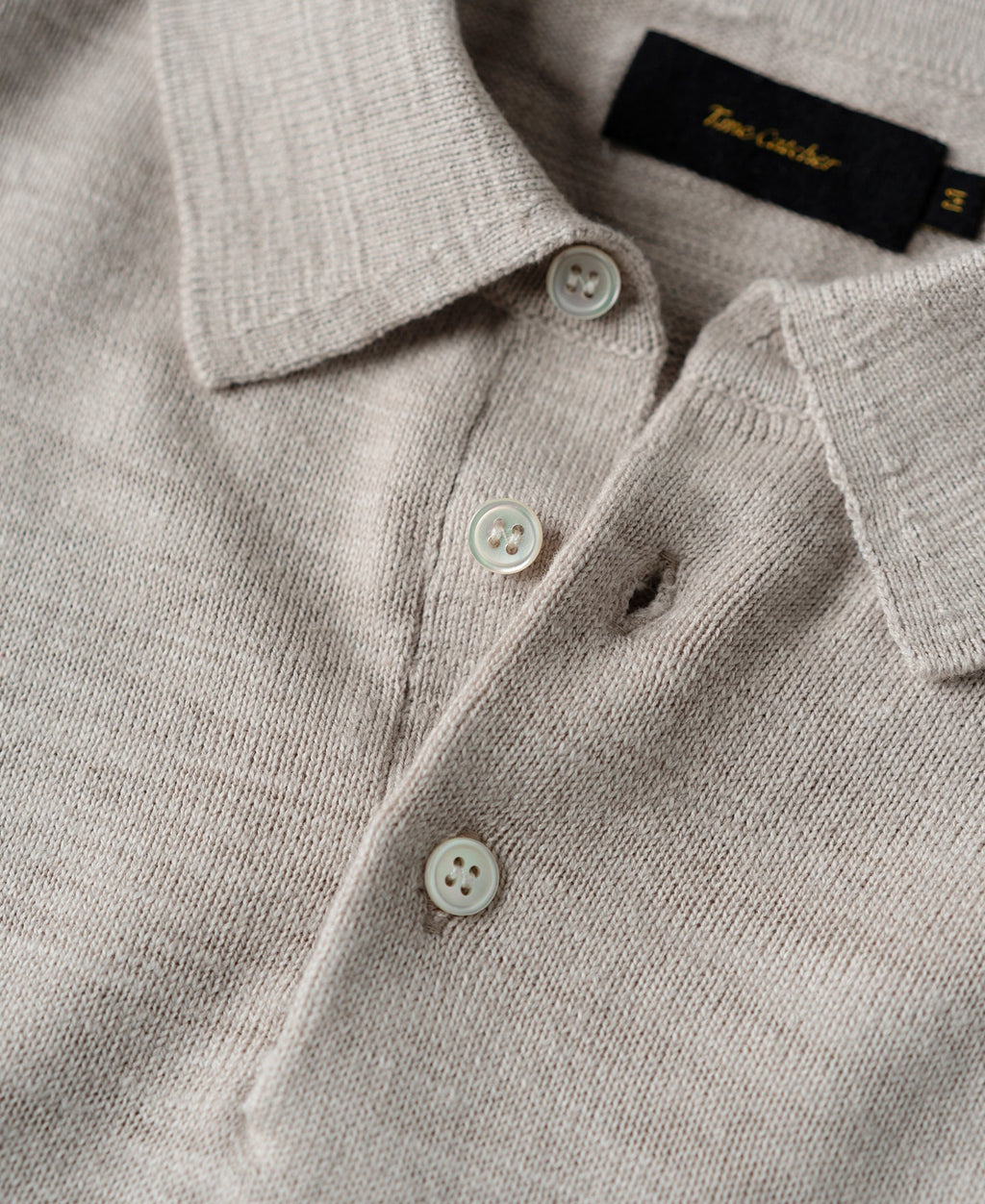 Slub Cotton Long Sleeve Knit Polo Oatmeal Neutral Soft Texture