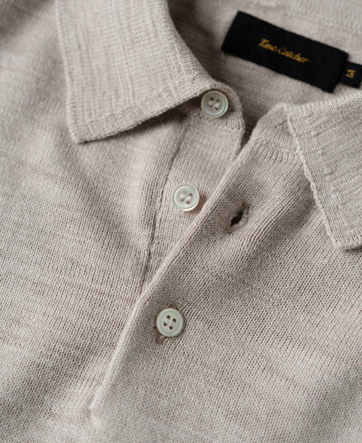 Slub Cotton Long Sleeve Knit Polo Oatmeal Neutral Soft Texture
