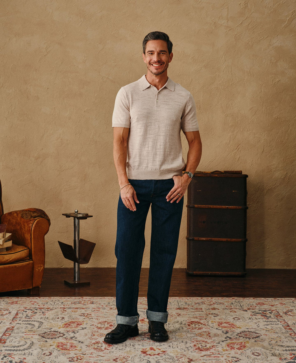 Lightweight Slub Cotton Knit Polo Oatmeal Breathable Casual