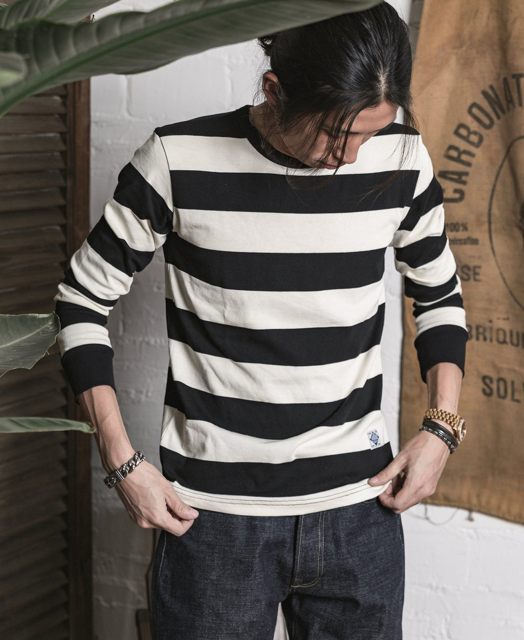9 oz Wide Striped Heavyweight Cotton Long Sleeve T-Shirt