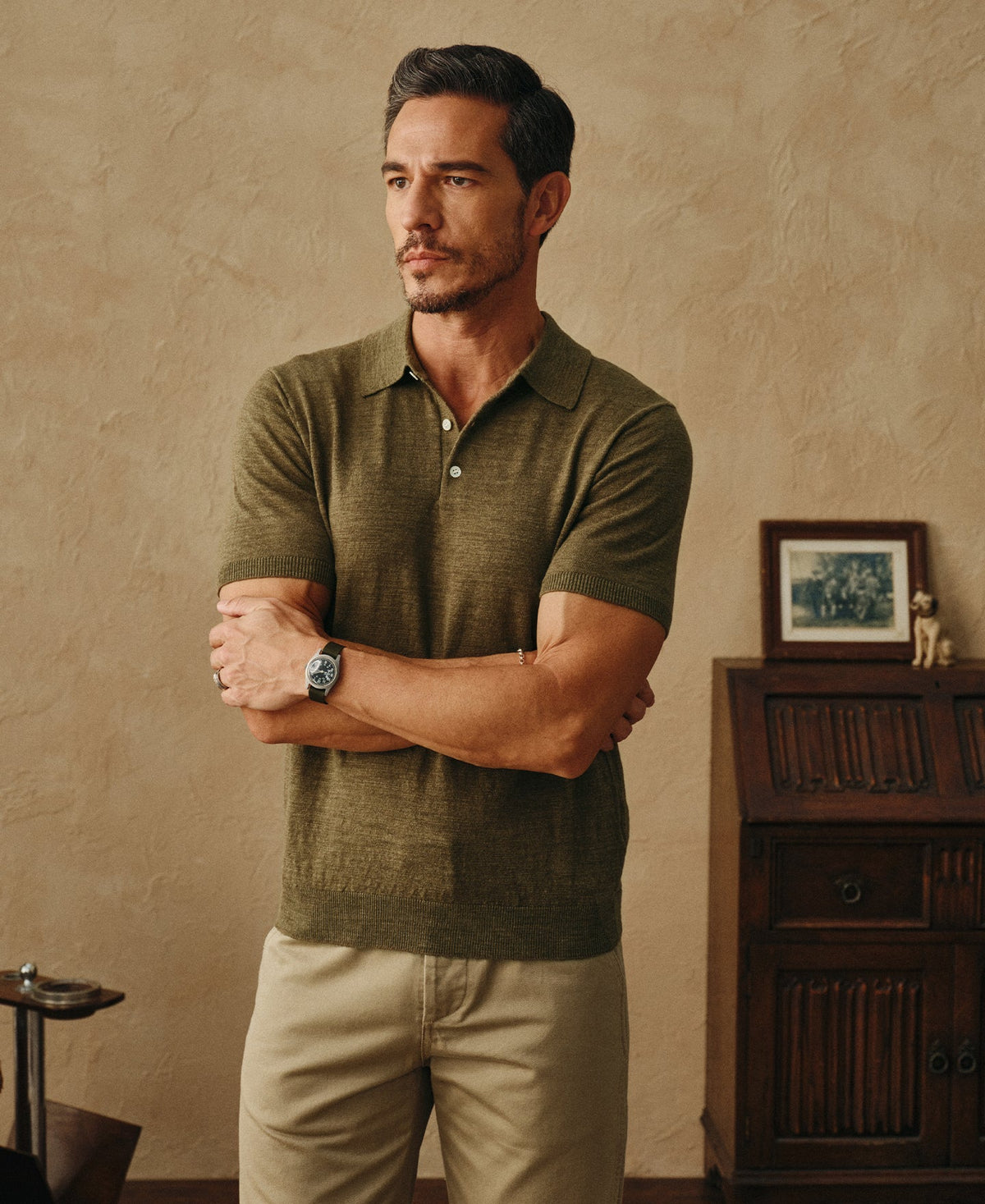 Lightweight Slub Cotton Knit Polo Olive Earthy Textured Weave