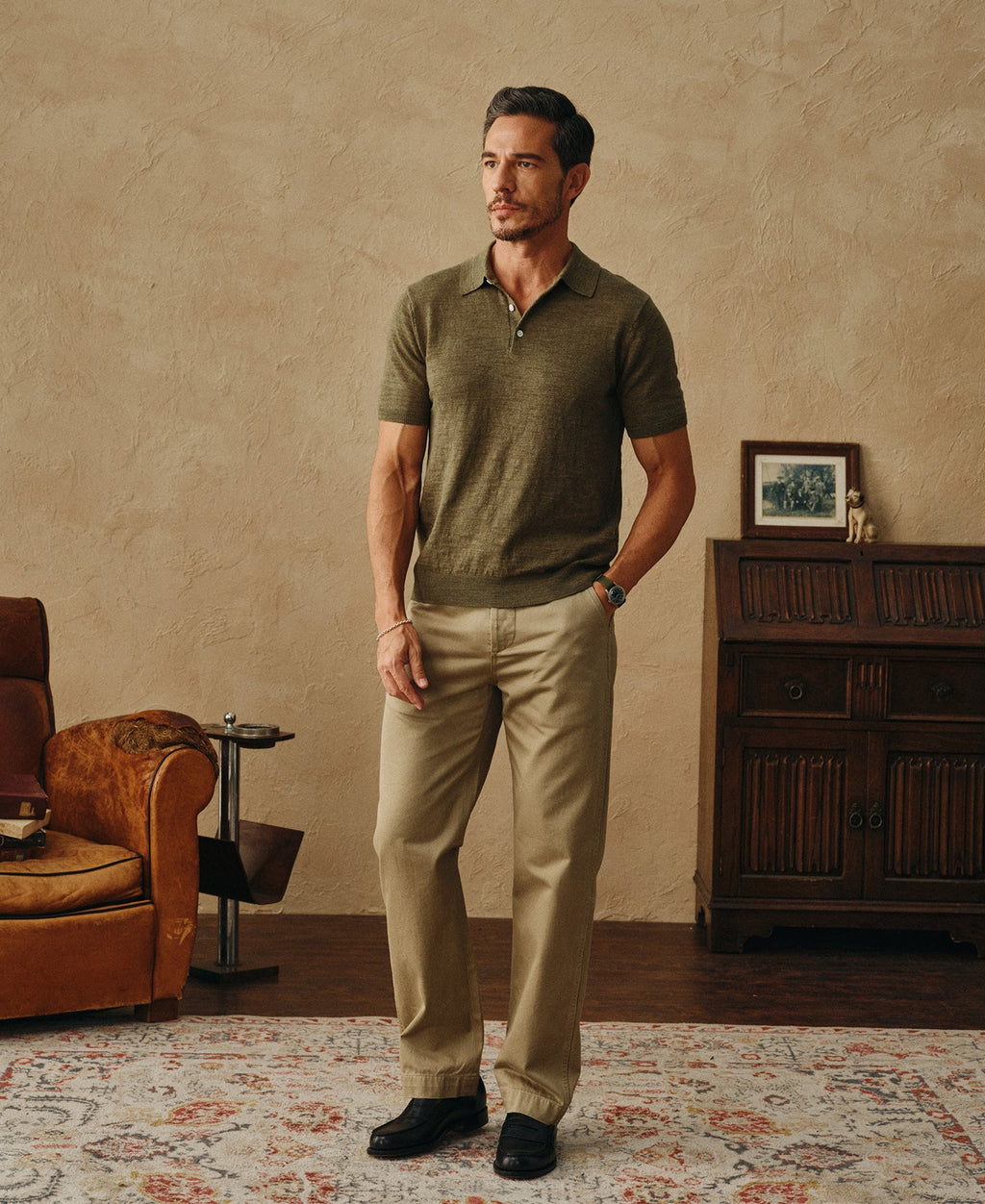 Lightweight Slub Cotton Knit Polo Olive Earthy Textured Weave