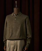 Slub Cotton Long Sleeve Knit Polo Olive Earthy Textured Collar