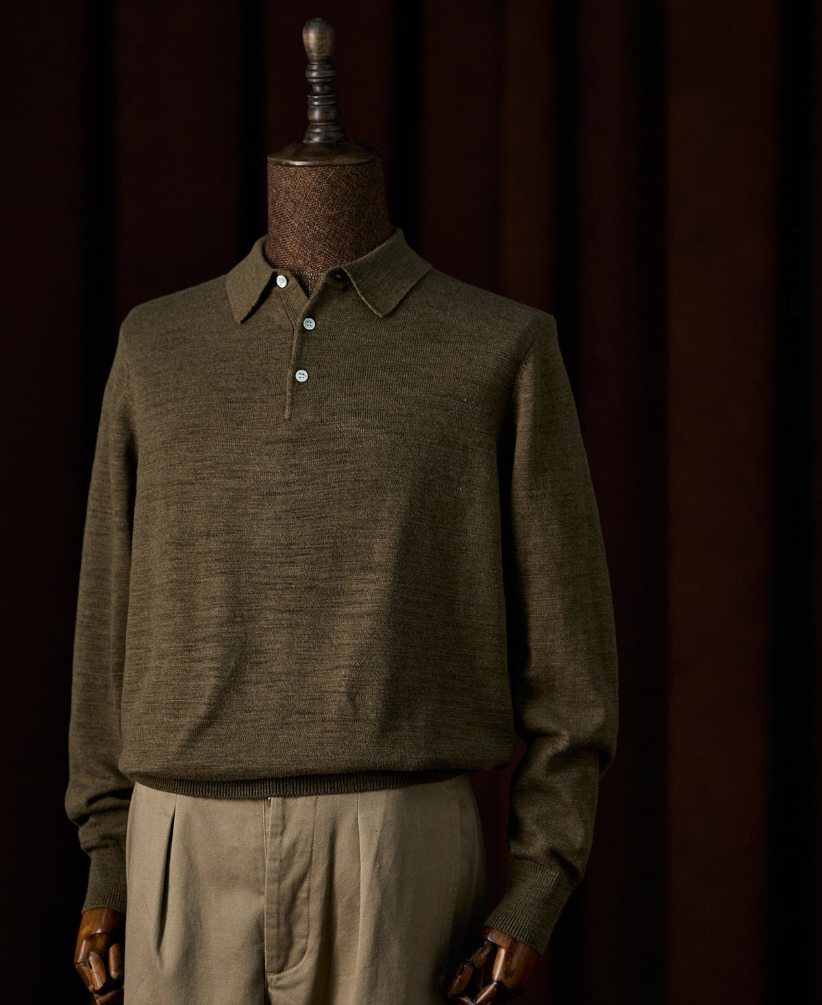 Slub Cotton Long Sleeve Knit Polo Olive Earthy Textured Collar