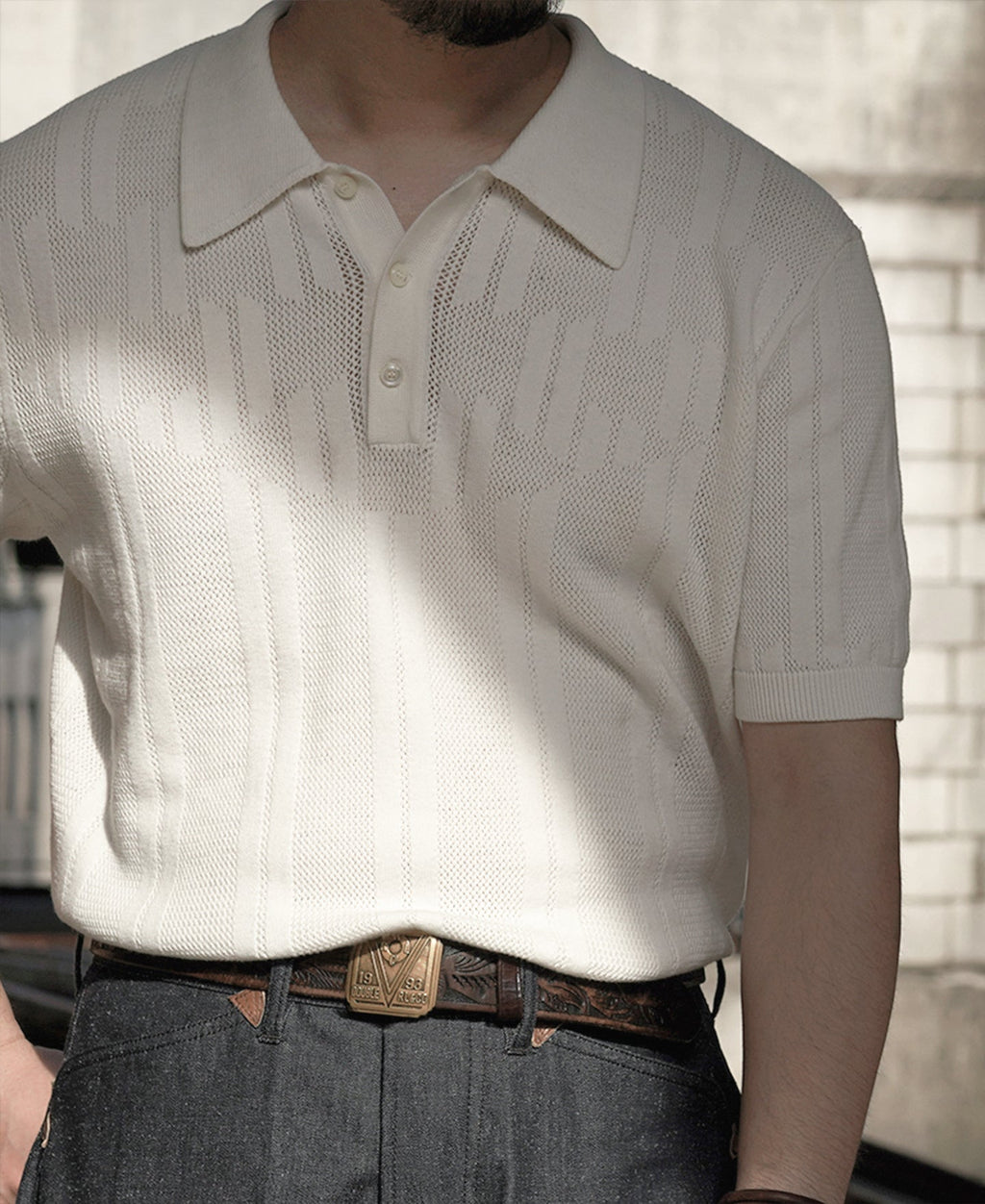 Retro Knitted Jacquard Polo Shirt White Short Sleeve