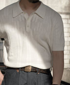 Retro Knitted Jacquard Polo Shirt White Short Sleeve