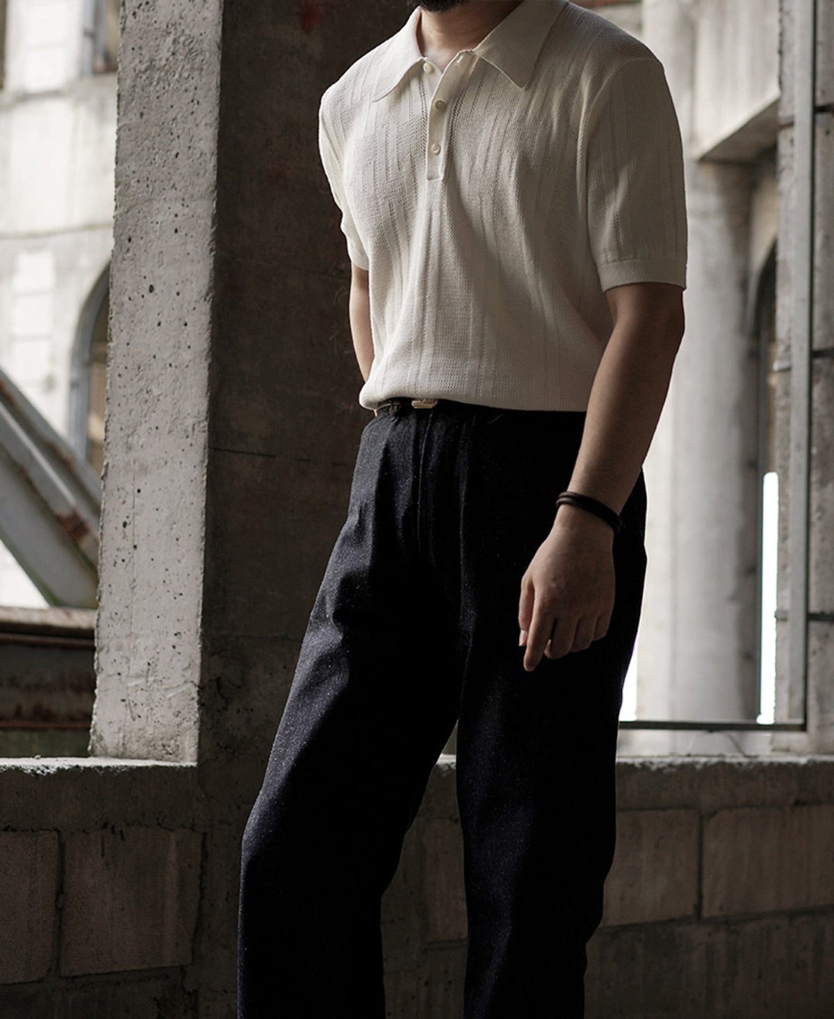 Retro Knitted Jacquard Polo Shirt White Short Sleeve
