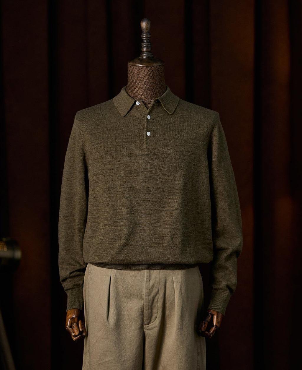 Slub Cotton Long Sleeve Knit Polo Olive Earthy Textured Collar