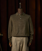 Slub Cotton Long Sleeve Knit Polo Olive Earthy Textured Collar