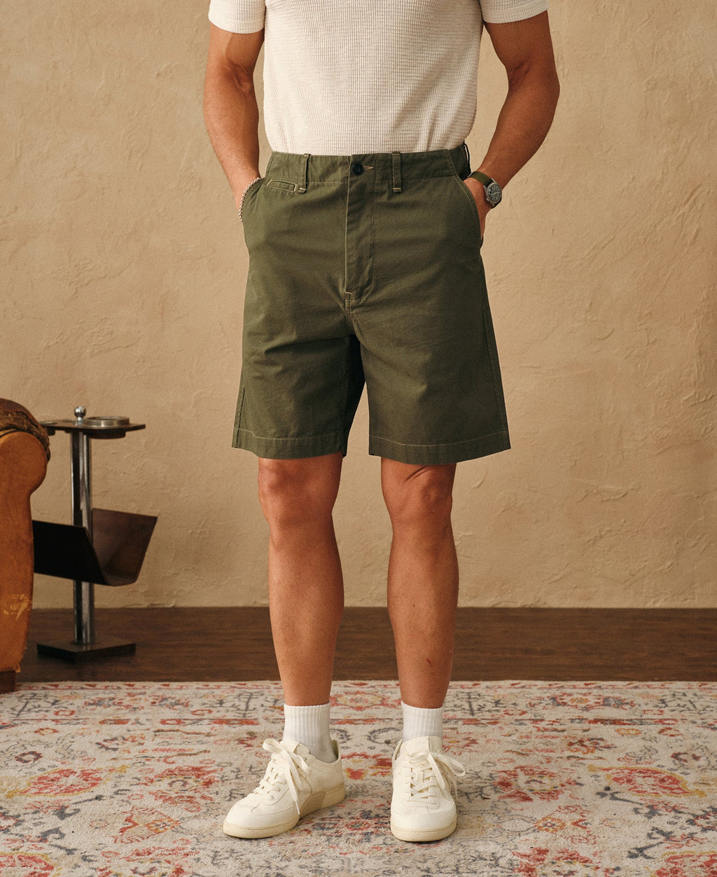 1930s Washed Officer Chino Shorts Olive Earthy Military Inspired