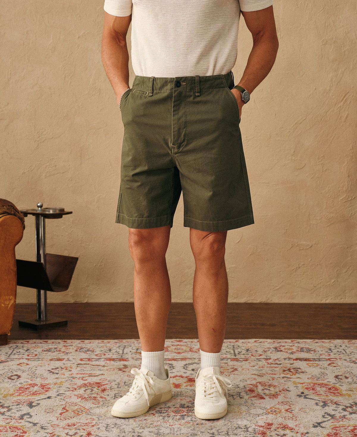 1930s Washed Officer Chino Shorts Olive Earthy Military Inspired